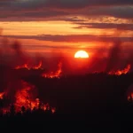 Witness a striking image of Wildfire events devastating a forest landscape, emphasizing fire's intensity.