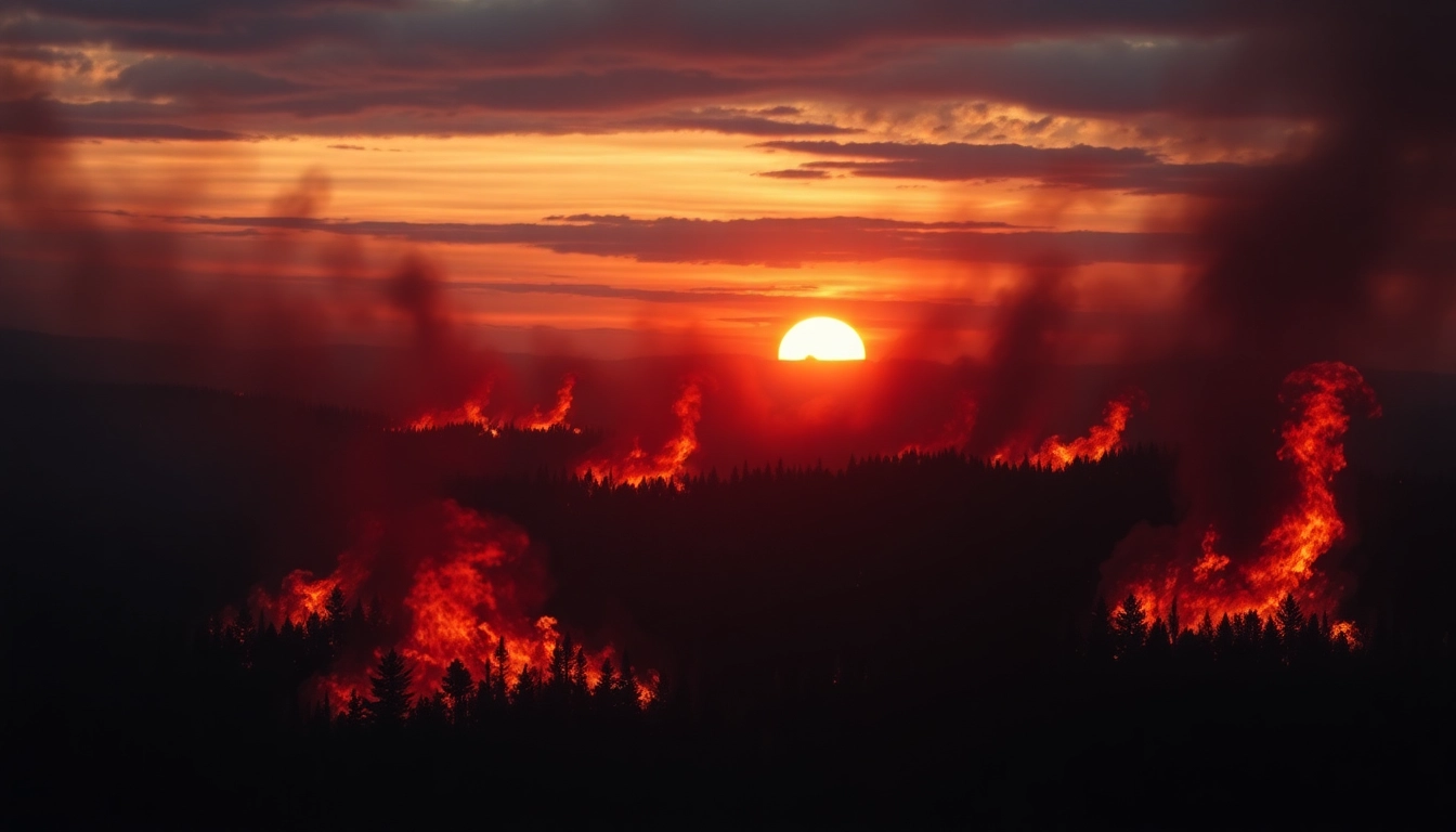 Witness a striking image of Wildfire events devastating a forest landscape, emphasizing fire's intensity.
