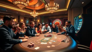 Exciting gambling scene showcasing poker action with J88 chips and vibrant casino ambiance.