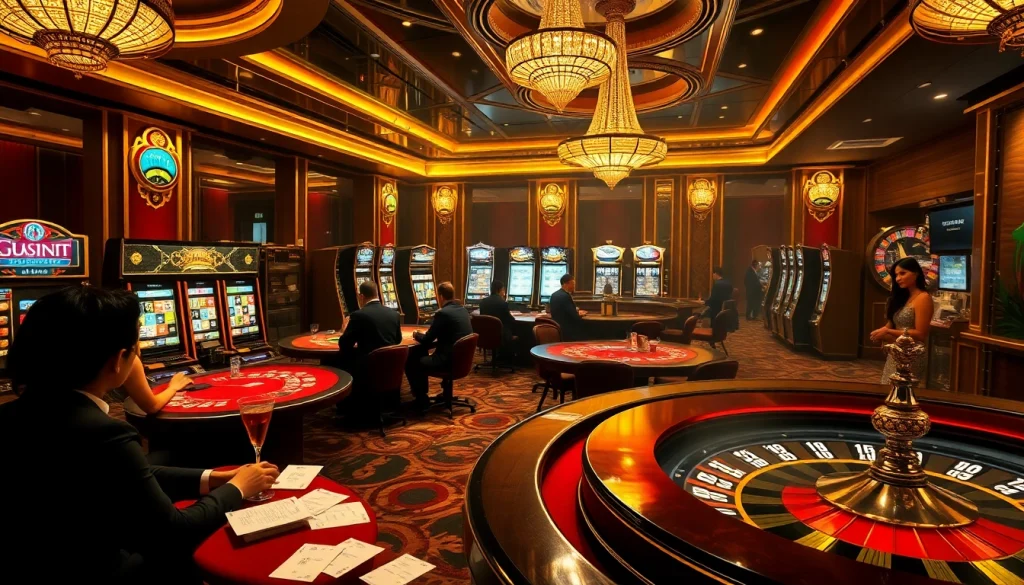 Experience the excitement of onicplay with vibrant casino scenes featuring poker, slots, and roulette.