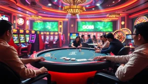 Engaging players at a GO88 poker table in a vibrant casino setting.