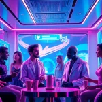 Engaging AI sex chat scene with diverse avatars and vibrant digital lounge ambiance.