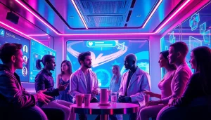 Engaging AI sex chat scene with diverse avatars and vibrant digital lounge ambiance.