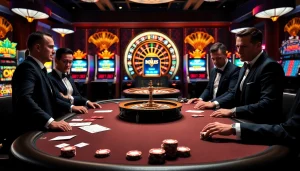 High-stakes poker action at https://xx88.nl/ casino with vibrant slot machines and glamorous lighting.