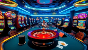 Experience the thrill of prediksi Naga169 at a luxury casino with vibrant slot machines and roulette tables.