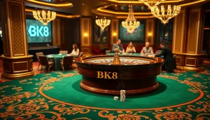 Exciting casino atmosphere showcasing BK8-branded roulette and players in action.