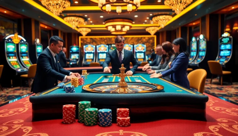 Engaging players enjoy an exciting game at nhà cái vua99, showcasing poker chips and casino tables.
