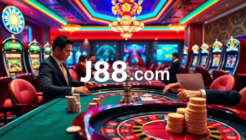 Players enjoying high-stakes roulette at J88 com casino with excitement and luxury.