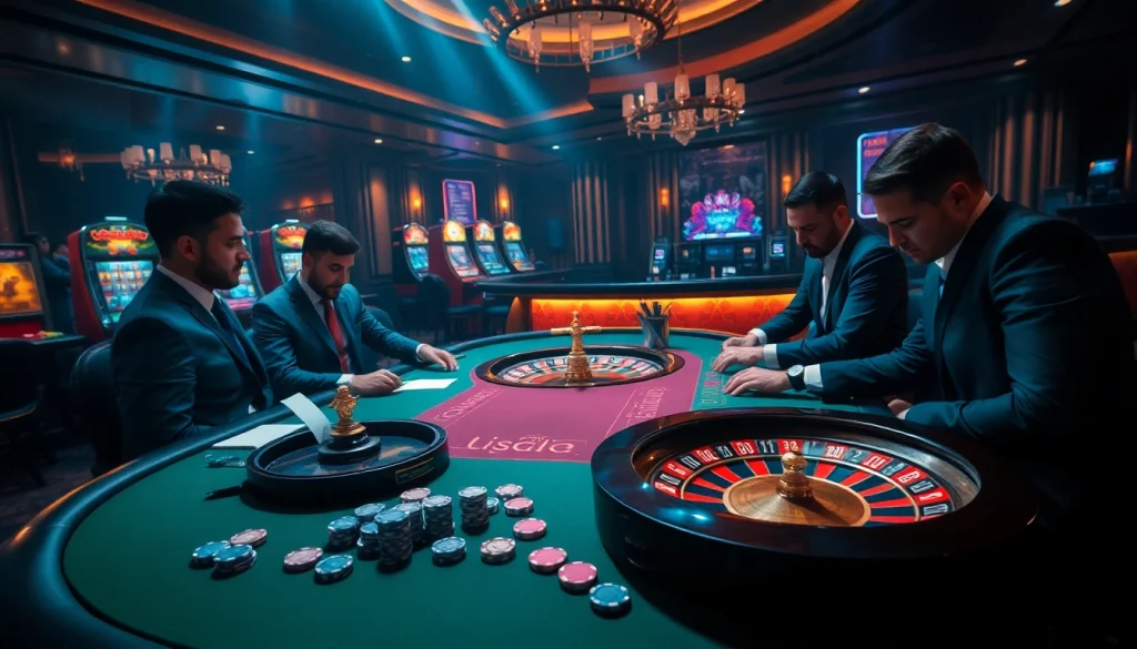 Experience high-stakes gaming at https://soibet.vision/ with an elegant casino atmosphere featuring poker tables and roulette wheels.