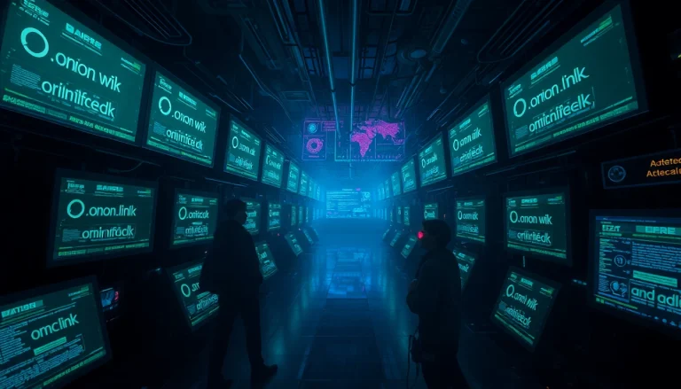 The hidden wiki visual representation featuring a digital underground city with .onion links on glowing screens.