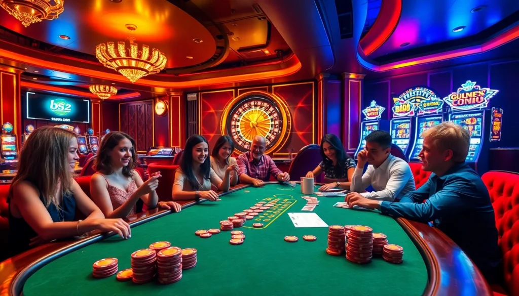 Experience the thrill at the b52 club with players enjoying poker and roulette in a luxurious casino.