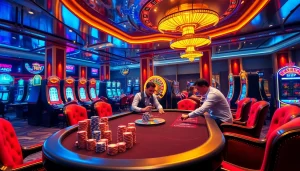 Experience excitement at hello88k.blog with high-stakes poker, colorful chips, and vibrant casino ambiance.