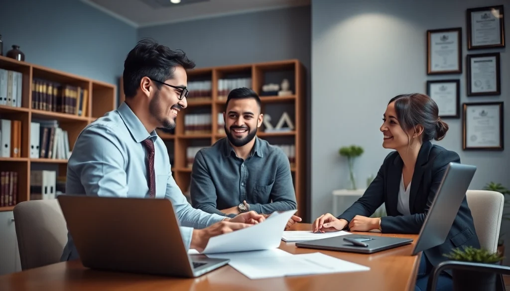 Friendly immigration lawyer Brisbane consulting with diverse clients in a modern office.