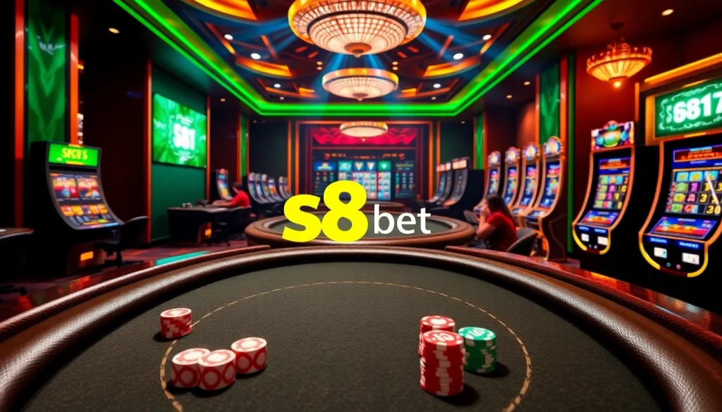 Experience the excitement of s88 bet at a luxury casino with vibrant gaming tables and slot machines.
