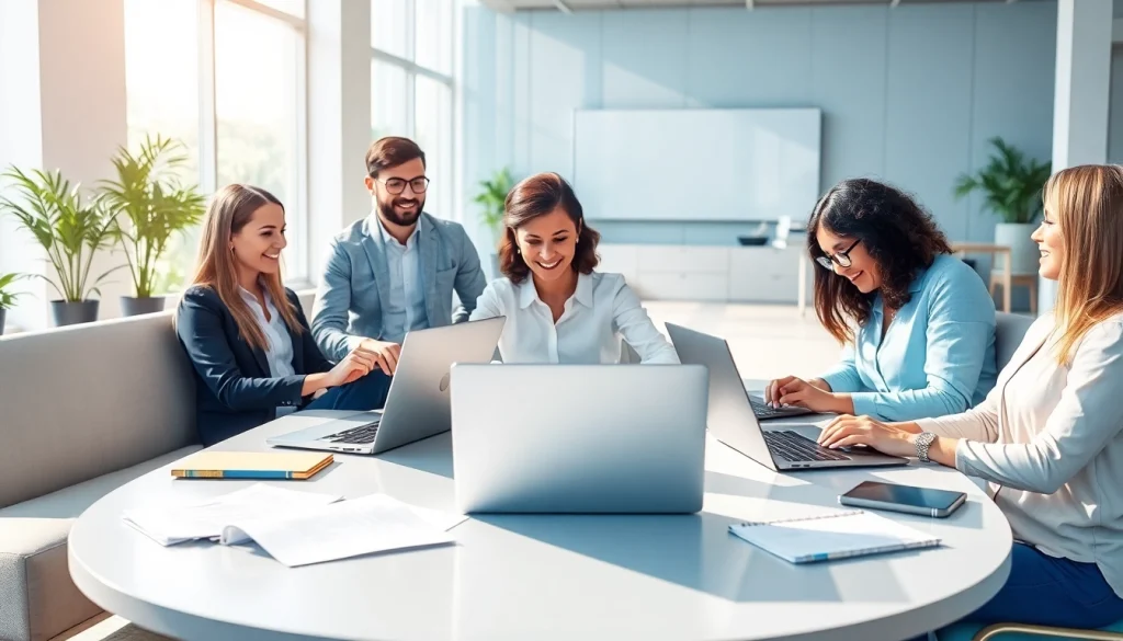 Engaging scene of recruiters using sales recruiting job boards in a vibrant office environment.