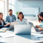 Engaging scene of recruiters using sales recruiting job boards in a vibrant office environment.
