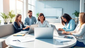 Engaging scene of recruiters using sales recruiting job boards in a vibrant office environment.