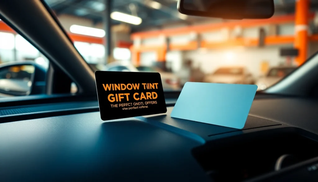 Promote window tint gift card displayed on a sleek car dashboard in an inviting automotive scene.