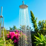 Experience the elegance of sunny shower usa inc with a modern outdoor shower in a vibrant garden.