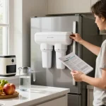 The AQUA CREST 5231JA2002A Refrigerator Water Filter being installed in a modern kitchen, showcasing healthy living.