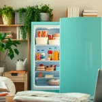 Organized dorm room fridge filled with snacks and drinks, ideal for student life.