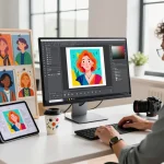 Designer using image to prompt generator in a creative workspace with vivid designs on display.
