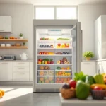 Freezer showcasing vibrant frozen fruits and vegetables in a bright modern kitchen.