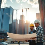 Real estate construction company collaborating on urban projects with diverse team and skyscrapers in background.
