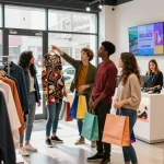 Shop at https://hubet88.icu/ with friends, vibrant retail display, colorful shopping bags.