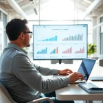 Analyze competitor pricing data with a professional setting featuring graphs and bright atmosphere.
