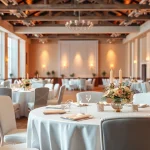 Showcasing Table & Chair Rentals with an elegant banquet arrangement and soft lighting.