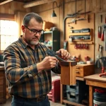 Irwin-Werkzeuge werden von einem Handwerker in einer gut beleuchteten Werkstatt verwendet.