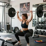 Dynamic scene of an athlete using a shoulder brace for weightlifting in a bright gym, highlighting support and determination.