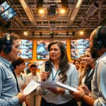 Journalist capturing breaking news in a vibrant newsroom environment.