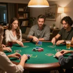 Friends engaged in an exciting poker game during a cozy home night, showcasing hidden wiki gambling strategies.