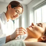 Client receiving aesthetic treatments from a professional in a calming clinic setting.