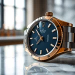 A stunning rolex replica showcasing intricate details and luxury on a marble countertop.