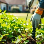 Expert performing Japanese Knotweed Removal in a residential landscape, showcasing infested foliage.