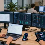 Cloud mining workspace with crypto dashboards, trading screens, and advanced digital tools.