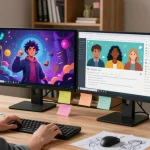 Engaging with Tavern AI in a creative workspace setup showcasing interactive dialogues and character sketches.