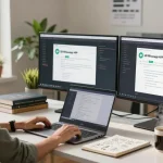 Developer programming in modern workspace while showcasing gb whatsapp apk interface on dual monitors.
