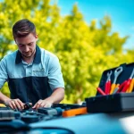 Technician performing mobile car repair with tools in an outdoor setting.