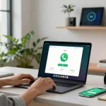 Experience WhatsApp電腦版 on a sleek workspace setup with laptop and smartphone.