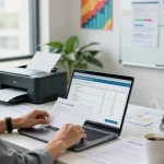 Detect fraud invoice with AI technology in a modern office setting.