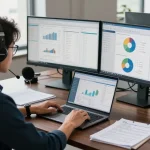 Expert asset tracing analysis in a modern office environment with financial documents and dual monitors.