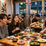 Enjoying 상봉동 한국관나이트 dining at a Korean barbecue restaurant with vibrant atmosphere and delicious dishes.