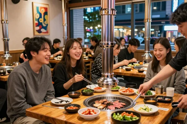 Enjoying 상봉동 한국관나이트 dining at a Korean barbecue restaurant with vibrant atmosphere and delicious dishes.