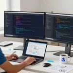 Dynamic coding workspace showcasing Snipaste官网 interface with dual monitors and sleek design elements.