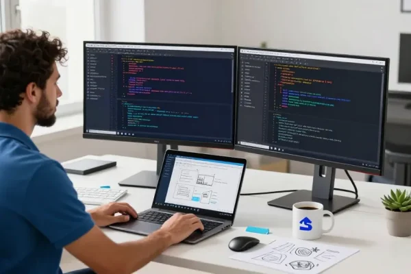 Dynamic coding workspace showcasing Snipaste官网 interface with dual monitors and sleek design elements.