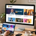 Readers engaging with news on https://www.theindaily.com in a modern workspace with vibrant and diverse content.